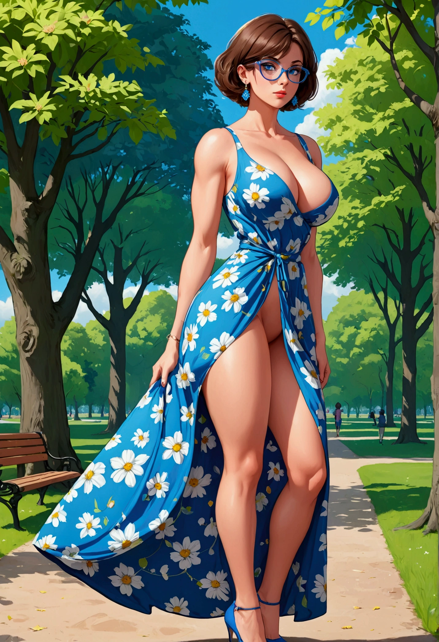 20 years old woman, Short brown hair, Méditerranéenne aux blue eye, Generous and heavy breasts, slender waist, estomac defini, fesses rebondies et pulpeuses, naturally curved, muscular thighs, aguicheuse, in a park, in a long floral dress , lunettes, earrings , blue eye, heels