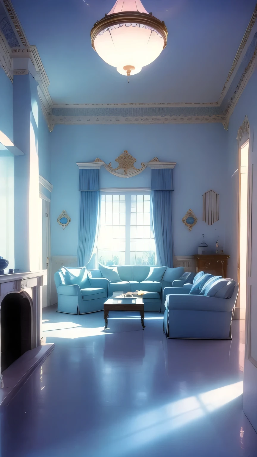 a blue dreamy house, living room, retro, foggy, soft focus, year of 1995, cool lighting, muted pastel colors, glowing atmosphere, dramatic, cinematic composition, dream-like quality, ethereal, romantic, soft focus photography, blue hour, windy, marble, golden and mirrors, hazy, thick fogs