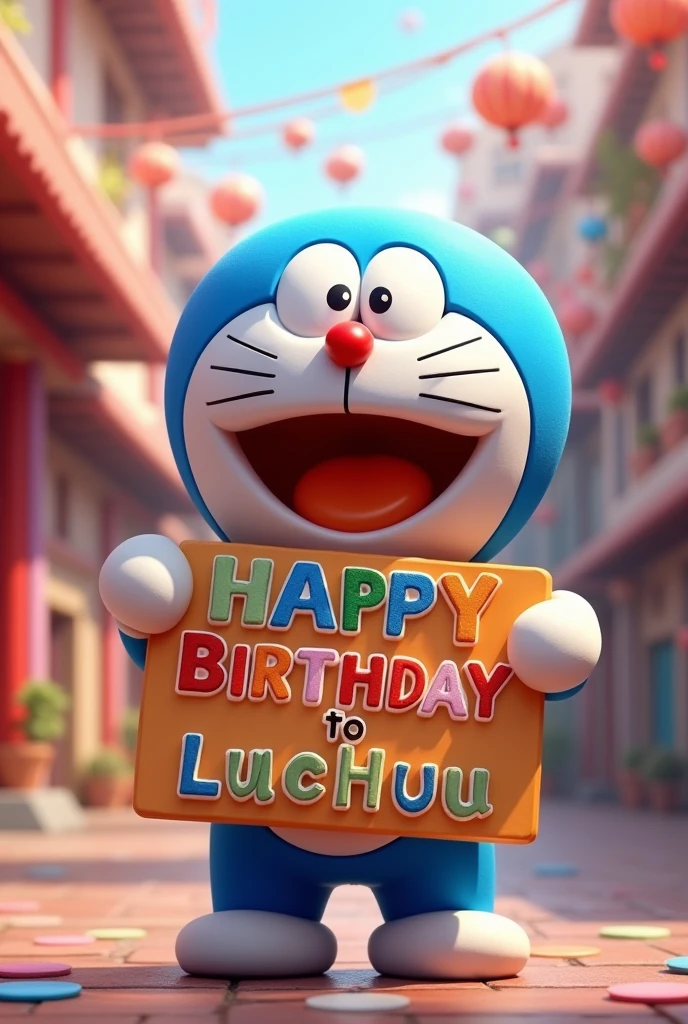 Doraemon holding a sign "Happy Birthday to Liu Zhiyou", Smile, Happy, Reality, Vibrant colors, Fascinating