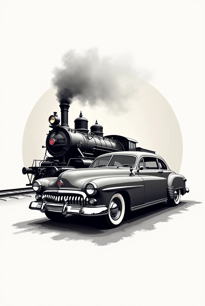 Logo with images of a steam train and a classic car from the 20th century
