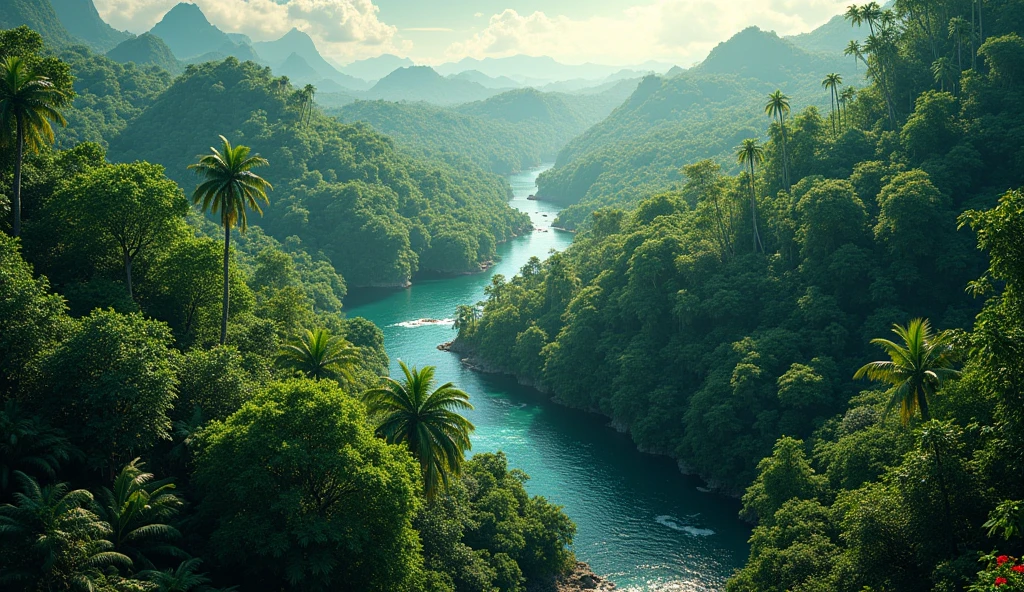 An aerial view of an equatorial forest.