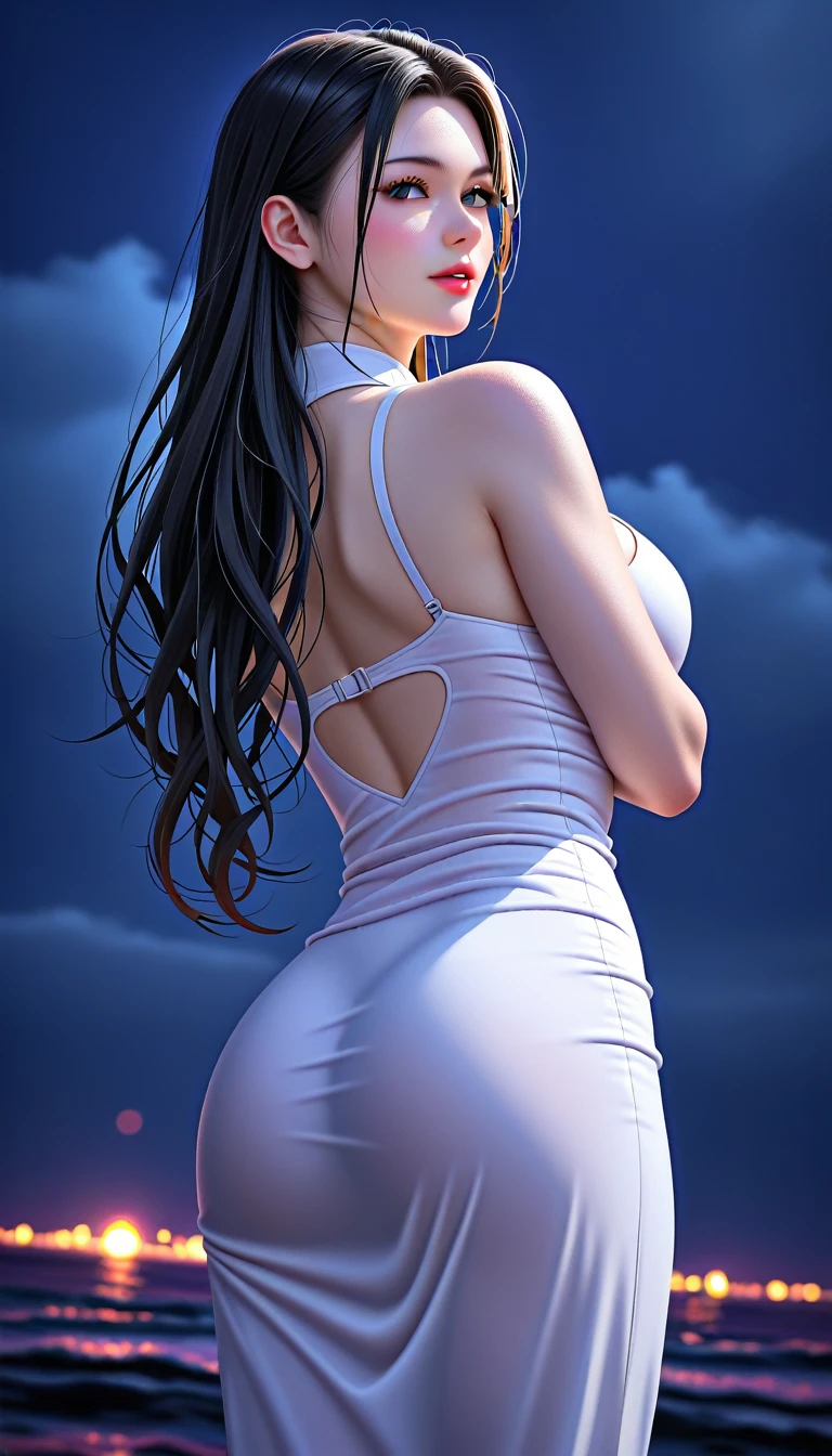 8k, masterpiece, RAW Photos, Highest quality, Realistic, Very detailed, Depth of written boundary, Cinematic Light, Anatomically correct body,
An elegant beautiful mature woman, Very beautiful face, Exquisitely detailed face, Goddess-like deity々Beautiful, Very sensitive skin, Transparent muscle, Shiny white skin, Glamorous Body,
Wavy black long hair, Sexy Breasts, Sexy ass,
A slit dress fluttering in the wind, Detailed cloth texture, Gorgeous necklace, Gorgeous earrings,
Dark starry background, Milky Way, milky way, shooting star, Dark coastline at night, Pitch black sea surface,
Low angle shot,