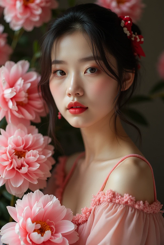 Photography，HD，Real People，1 Asian girl surrounded by peony flowers，The movements are natural and elegant，1，Slightly fat，Red nails，Beautiful facial features，Exquisite makeup，Exquisite eyes，Eye details，Pink yarn，Shoulder，arm，Soft light and shadows indoors，Rich details
