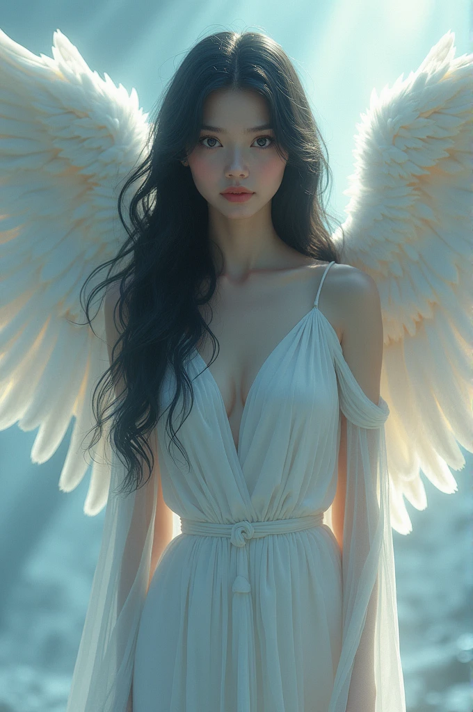 Woman with black hair, white skin, dark blue eyes and angel wings
