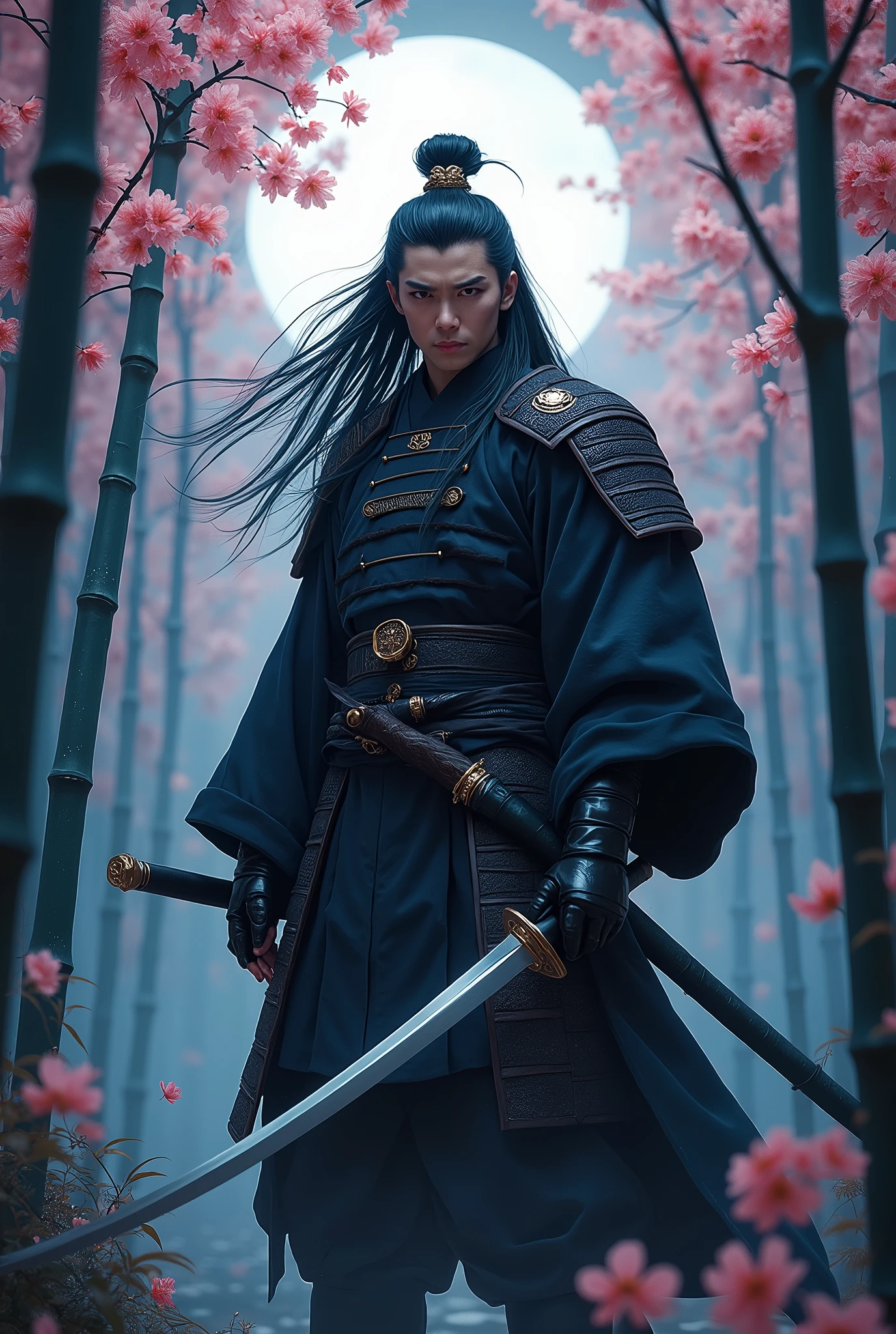 A samurai warrior from ancient China, Alone, Long hair, looking at the viewer, black hair, masterpiece, necessary, anatomically correct, The best quality, High resolution, detail, UHD, Very detailed, perspective, Hasselblad, NIKON, in a cherry blossom forest, at night, brandishing a samurai sword that shines at the end due to the moonlight. There is also bambooHyperrealism, hyperdetailed,