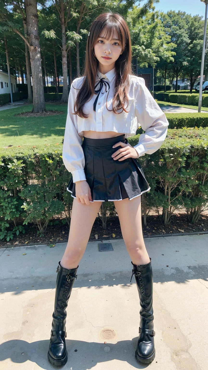 (8k、RAW Photos、Highest quality、masterpiece:1.2)、(Realistic、Realistic)、1 person、((Black and white、garden、mini skirt、Thin legs、whole body、boots、View from the front、Looking into the camera、Stand with hands on hips))、cute