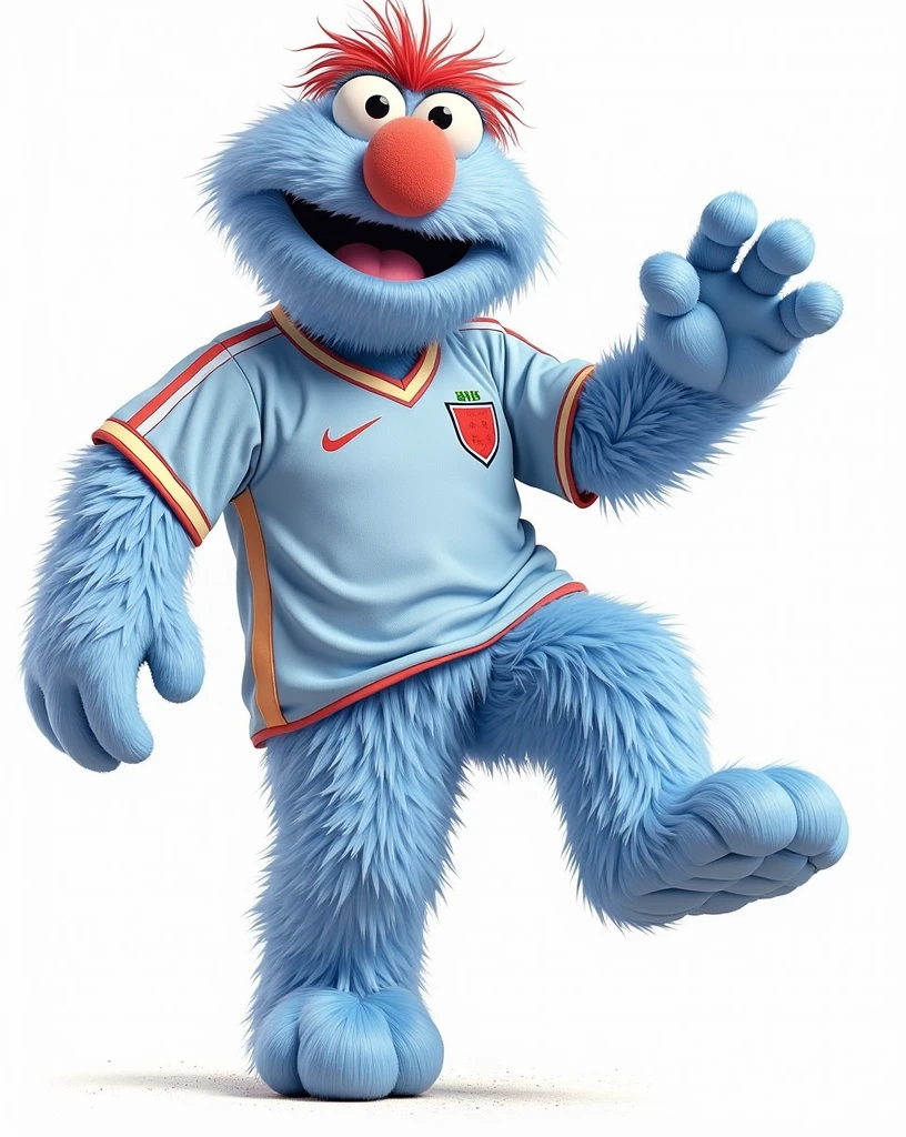 pancho contreras, Sesame Street character painted in light blue, with a cream soccer jersey that has a cherry-colored U on the shield signing a contract