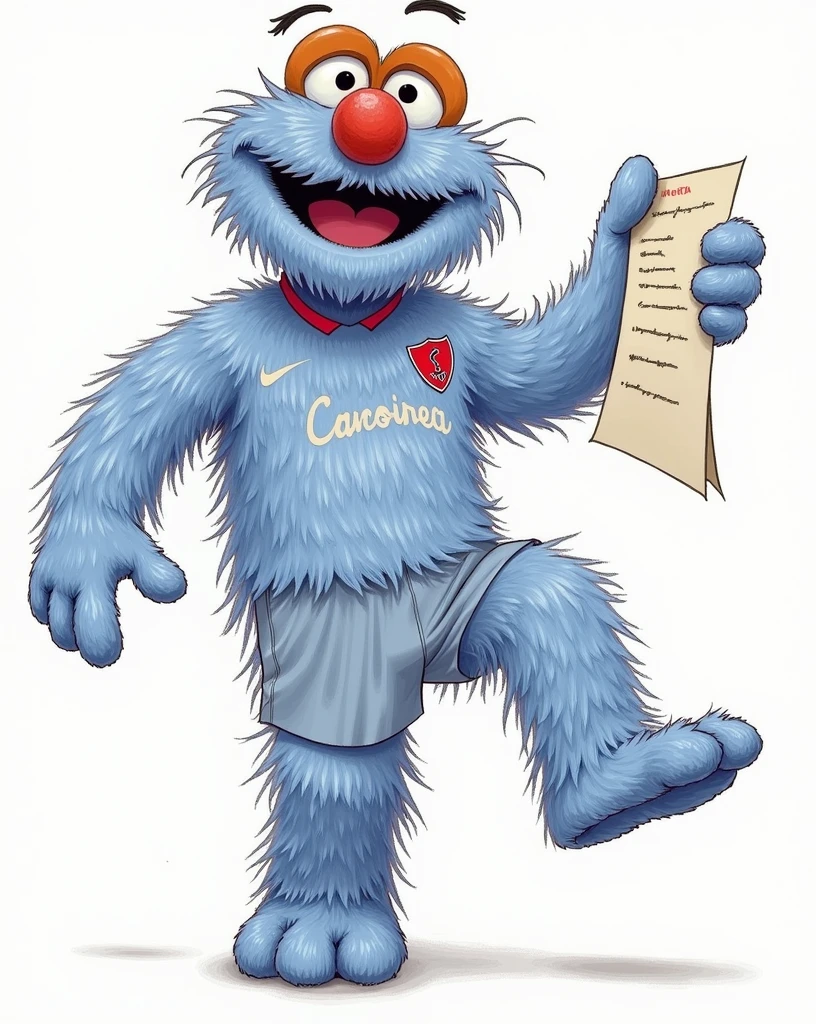 pancho contreras, Sesame Street character painted in light blue, with a cream soccer jersey that has a cherry-colored U on the shield signing a contract