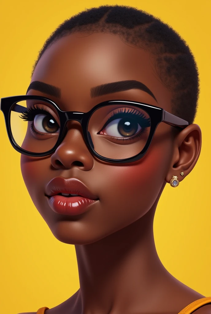 Create an image of an African girl who is 23 years of age she has shaven hair though not bald she has a chocolate complexion and around face with medium size lips big eyes then chubby cheeks and has glasses on