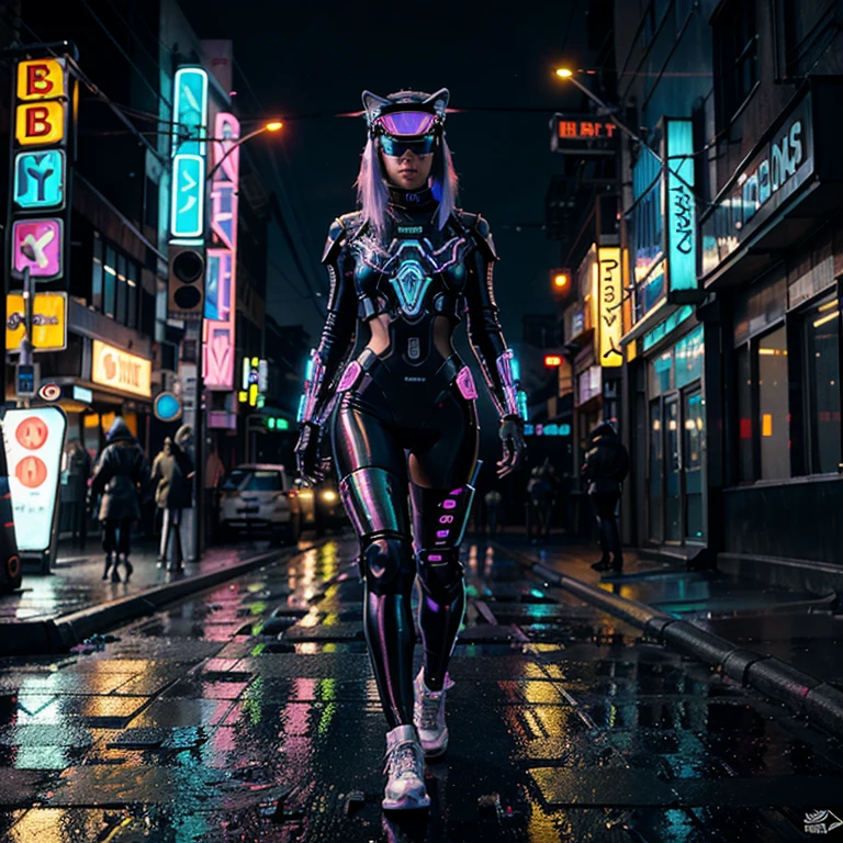 "Draw a cybernetic cat with neon implants and a holographic visor, walking through a rainy cyberpunk city lit by neon signs."