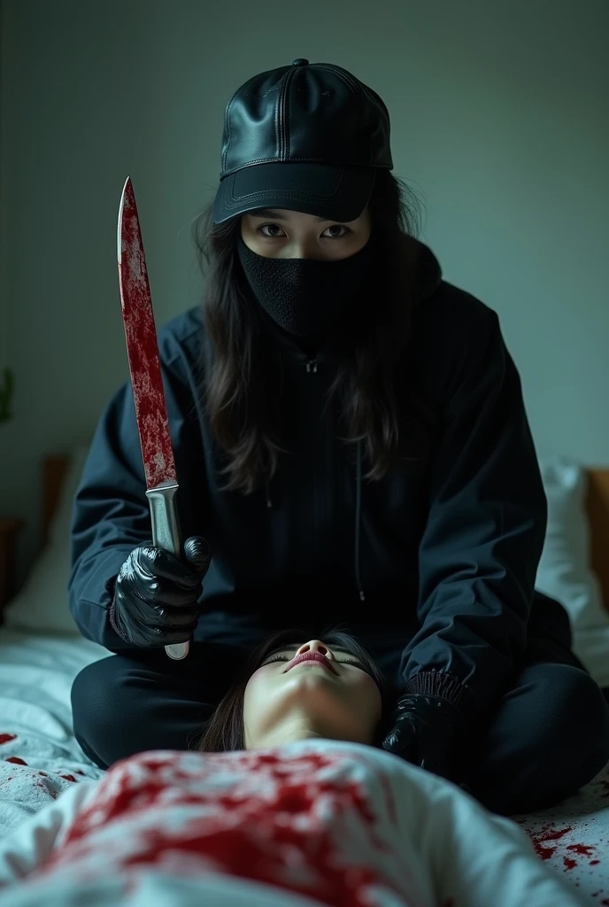 korean girl, (behind stiff, holding knife), stabbing, black balaclava mask, black gloves, girl's room, black raincoat, trucker hat, bloody knife, black gloves, woman on top, behind cadaver, blood splatter, on the bed, looking at viewer, mass murderer, killer, blood splatter, dark atmosphere, cinematic lighting, atmospheric realistic, light from the window,
