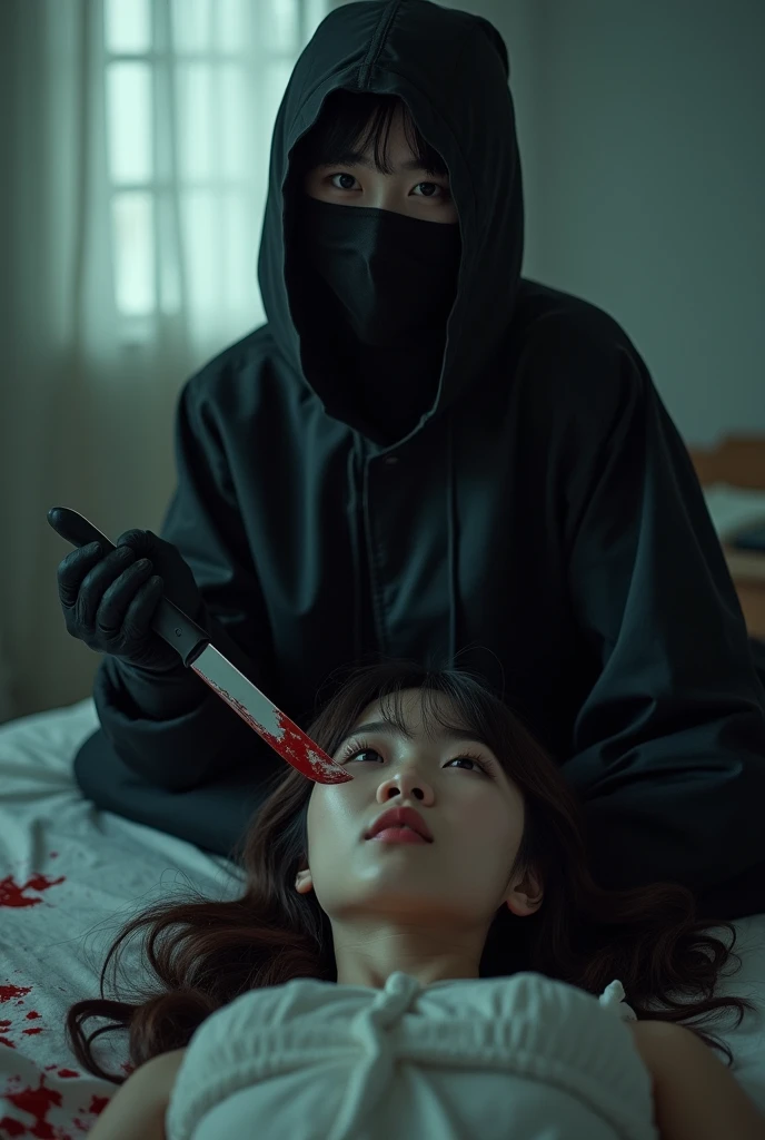 korean girl, (behind stiff, holding knife), stabbing, black balaclava mask, black gloves, girl's room, black raincoat, trucker hat, bloody knife, black gloves, woman on top, behind cadaver, blood splatter, on the bed, looking at viewer, mass murderer, killer, blood splatter, dark atmosphere, cinematic lighting, atmospheric realistic, light from the window,
