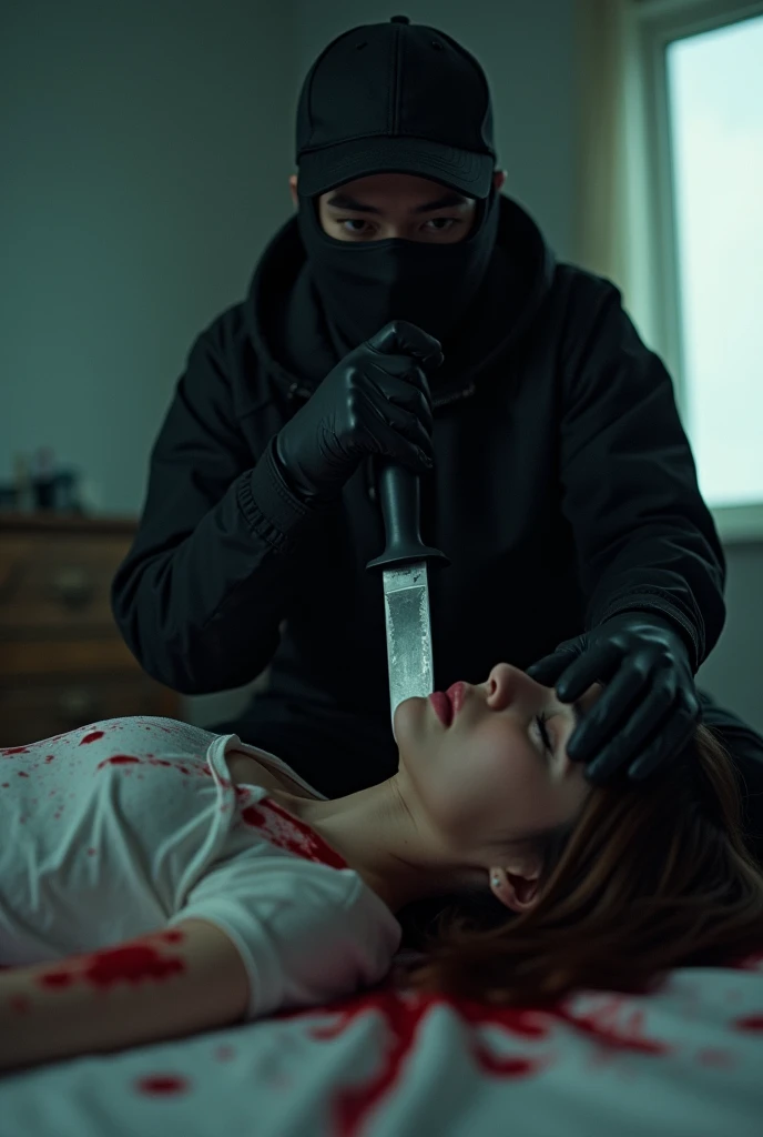 korean girl, (behind stiff, holding knife), stabbing, black balaclava mask, black gloves, girl's room, black raincoat, trucker hat, bloody knife, black gloves, woman on top, behind cadaver, blood splatter, on the bed, looking at viewer, mass murderer, killer, blood splatter, dark atmosphere, cinematic lighting, atmospheric realistic, light from the window,