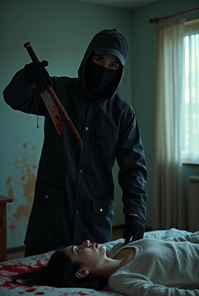 korean girl, (behind stiff, holding knife), stabbing, black balaclava mask, black gloves, girl's room, black raincoat, trucker hat, bloody knife, black gloves, woman on top, behind cadaver, blood splatter, on the bed, looking at viewer, mass murderer, killer, blood splatter, dark atmosphere, cinematic lighting, atmospheric realistic, light from the window,
