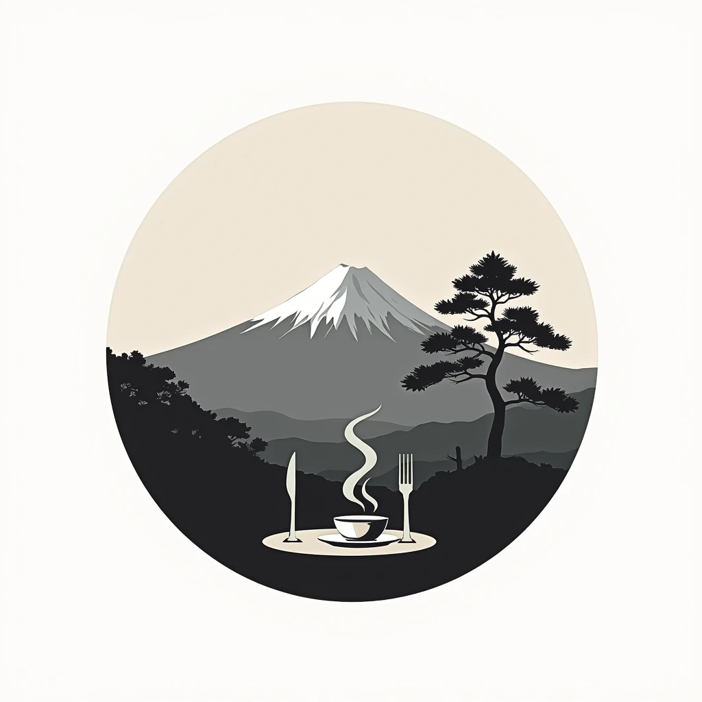 Logos of restaurants in the mountains rich in nature in Japan
Restaurant logo with a view of Mt. Fuji
monotone sun
All logos are achromatic
Circle-shaped logo marks,
A logo that shows that it is a delicious restaurant
a restaurant rich in nature
A stylish, small knife and fork on the terrace table, polite,
steam
a small pine tree
attract tourists
chic
Mt. Fuji is painted with only silhouette, pop and border only
Logos are pop, stylish and silhouette-only logo marks
White background
Black and white two-tone coloring design
achromatic design
elegant design
Italian and Japanese restaurants
Match between Japanese and I, harmony
Pretty cool
Stylish design
chic and modern design