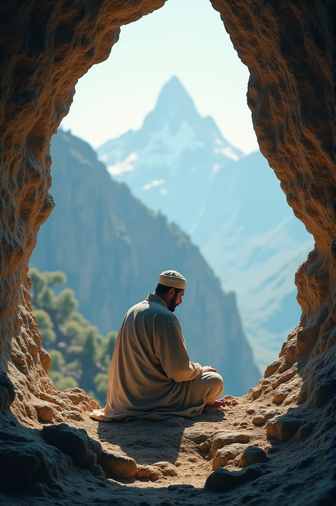 A Muslim who sit towards face of all invironment of mountain at the edge of a cave with downcast neck and closed eyes in remembrance of Allah.