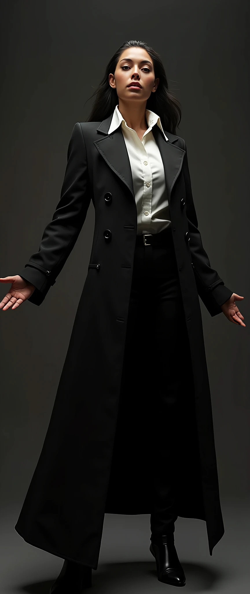 a tanned female, wide arms gesturing a long trench coat black suit, white shirt underneath, tie, aggressive, assertive, swagger attitude, photorealistic, 8k, hyper detailed, studio lighting, highly detailed face and eyes, intricate details, chiaroscuro lighting, dramatic lighting, moody atmosphere, cinematic, elegant rulling on her throne