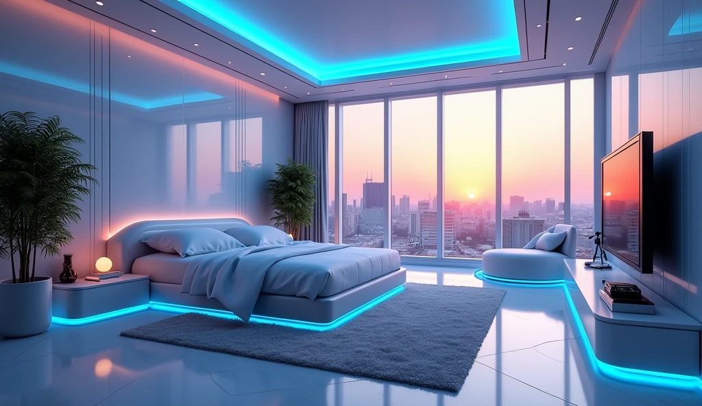 futuristic rich billionaire modern room, futuristic rich billionaire modern LED white lights, futuristic rich billionaire modern bedroom, realistic view, realistic sky, sun reflection, uncommon and unique, realistic shadow, realistic shader, dynamic lighting, modern white LED lights, master bedroom, king size bed, big room and big window, gaming computer setup with neon lights, corner view, big length, big, Air-condition AC, big room, large room and big size bed, real life, sunset, pump tree, futuristic modern city, white room, blue and white lights and flowers,