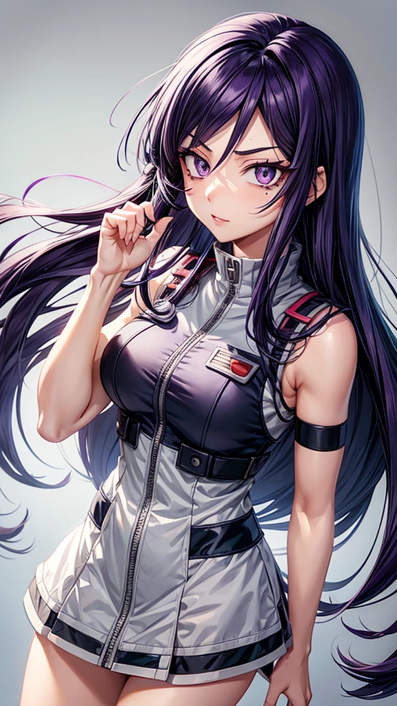My hero academia anime style, female character with long dark purple hair and white ends, mole underneath the eyes, grey color eyes, long eyelashes, wearing the UA uniform sleeveless