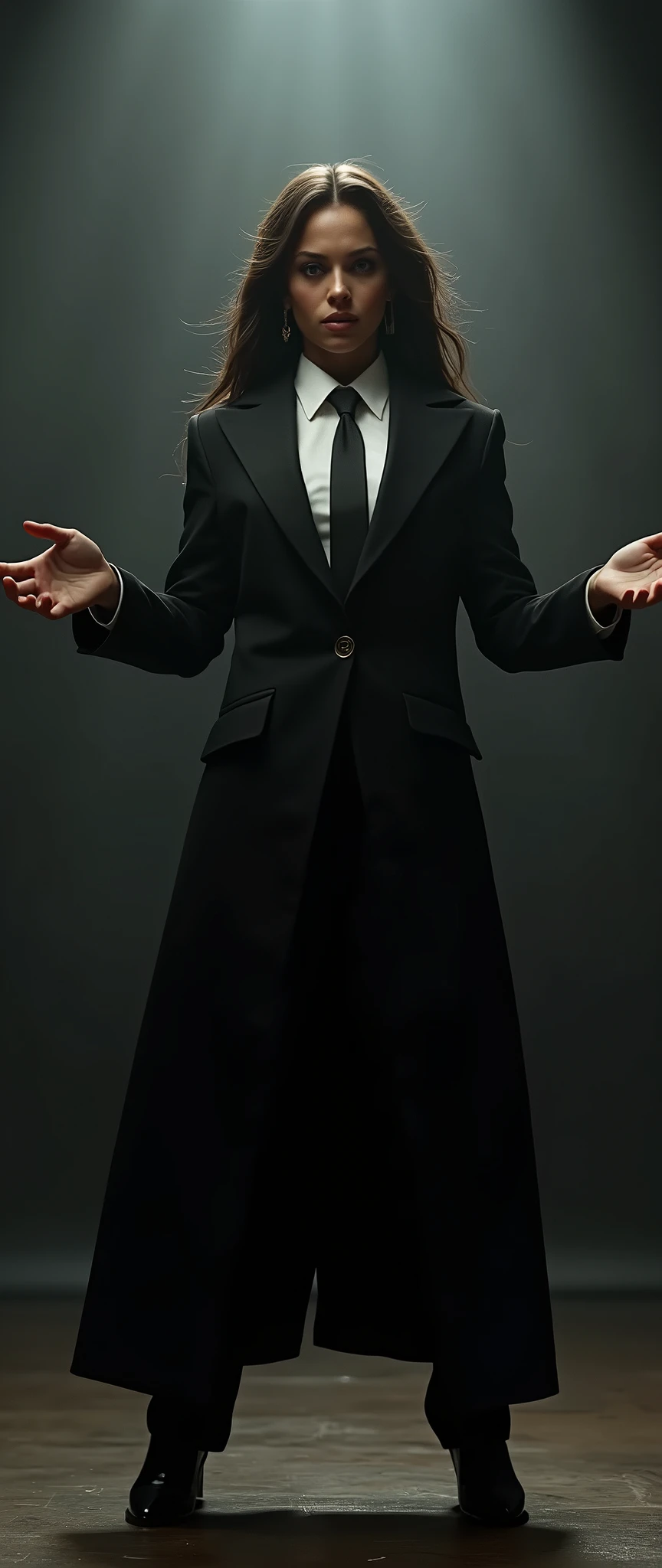a tanned female, wide arms gesturing a long trench coat black suit, white shirt underneath, tie, aggressive, assertive, swagger attitude, photorealistic, 8k, hyper detailed, studio lighting, highly detailed face and eyes, intricate details, chiaroscuro lighting, dramatic lighting, moody atmosphere, cinematic, elegant rulling on her throne