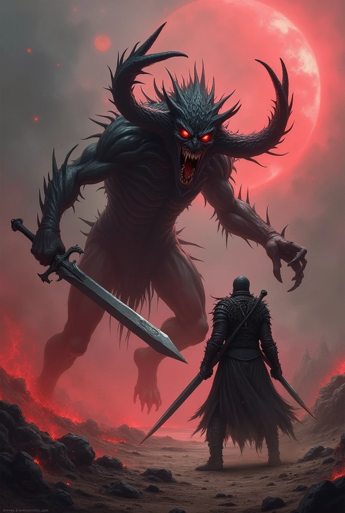 demon with sword running towards to warrior