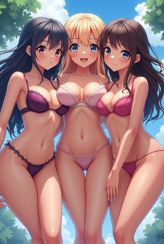 ((masterpiece, best quality, ultra quality, high quality, hyper detailed, intricate detailed, perfect anatomy, shiny skin, cowboy shot,)), (3 women:1.5), cute women are posing for a camera, (At a Japanese hot spring), (Lifting SHIRT:1.3), (Laughing with your mouth open:1.3), Ray Tracing, ((tits)), (Small nipples), nipples, breasts, hair band, Headband, hair bobbles, blouse, shirt, (Stand in line), 12 Talents、 Talents、14alents、15 ywn hair, blond hair, navel, jewelry, looking at viewer, necklace, long hair, short hair, (Abdominal muscles),(Depth of written boundary), panties,