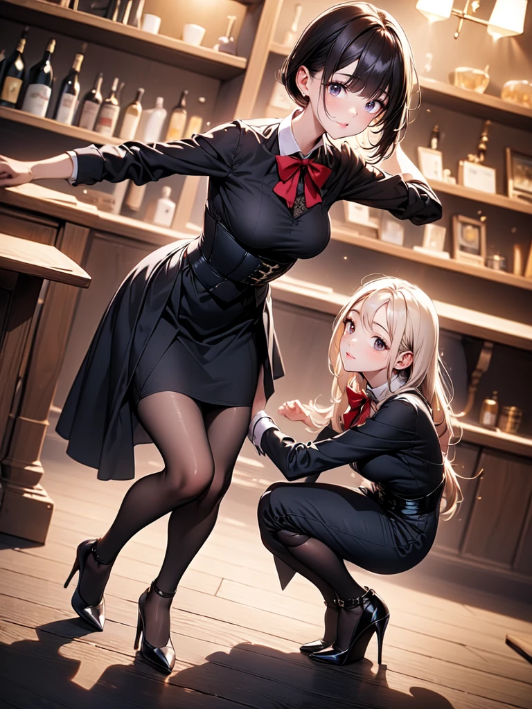 (masterpiece, best quality, highest quality, Masterpiece, 8k:1.5), (kawaii:1.2), (Full Body Shot,Including face,1girl,Focus on the face,Symmetrical facial features), Beautiful woman, (slender), ((High heels)), Detailed depiction of the face, Black Eyes,Cafe,bar, (Red checked skirt,corset,clerk,uniform),Inside the store, (multiple:-1.2),(Forward bending:1.5),squat