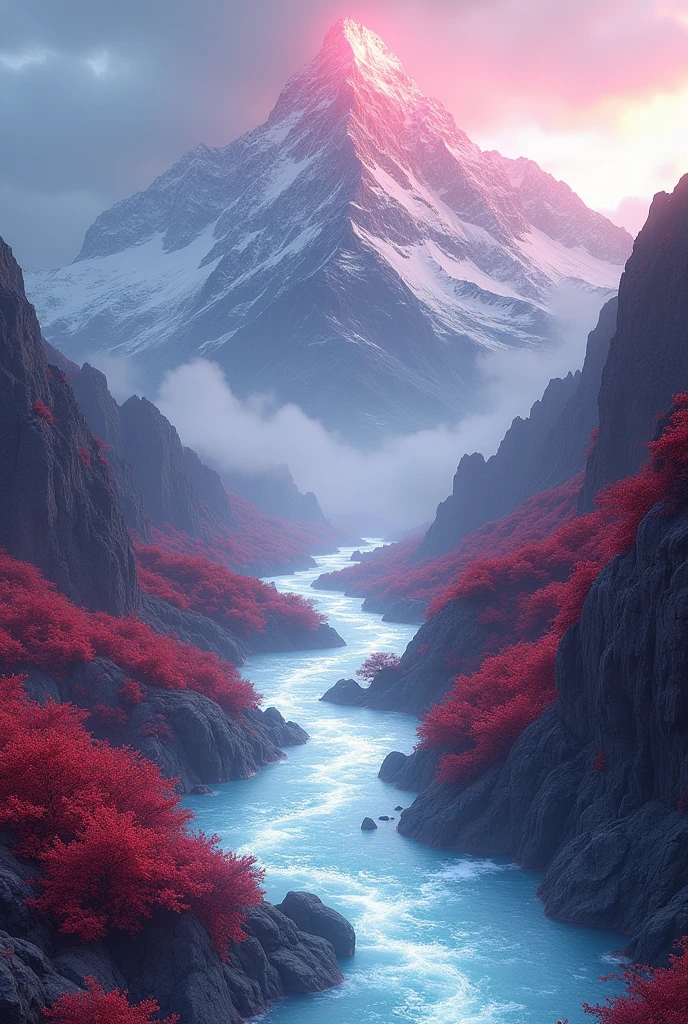 A river flowing whichs water is whiter than milk, from the top of a mountain which has rubies in it
