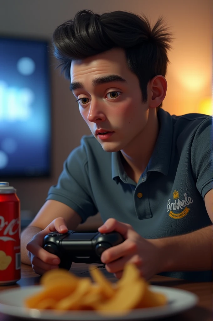 (Photorealism:1.2), small dark-haired European man with cigarette in mouth playing with his Playstation 5 controller where the charging cable is plugged in. Next to him there should be chips and cola and sweets. Broeckel is said to be written on his polo shirt