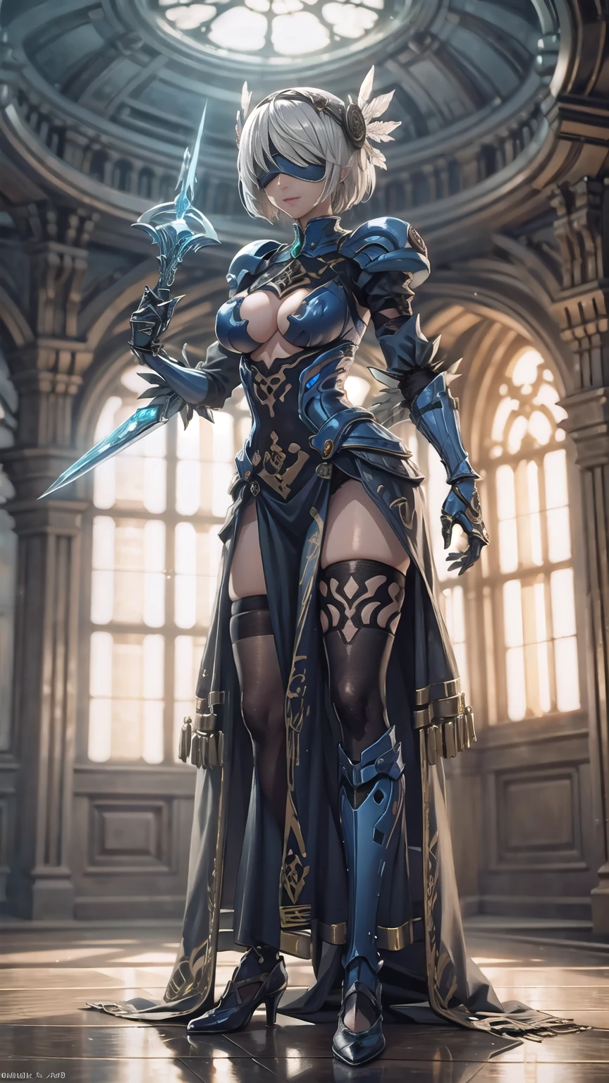 Make a 'kitbash' of Lenneth from 'Valkyrie profile' and 2B from 'Nier: Automata', combine 2B and Lenneth, solo, 1girl, BREAK: ((bright sapphire blue plate mech4rmor)), (boob window), thigh cutout, (thigh tattoos), long skirt, (blindfold:1.27), wings, BREAK: standing contrapposto, (holding glowing sword), light smile, BREAK: plains, castle, BREAK: (better hands, best hands,) (insanely detailed, masterpiece, best quality), strong negative, tatoogirl
