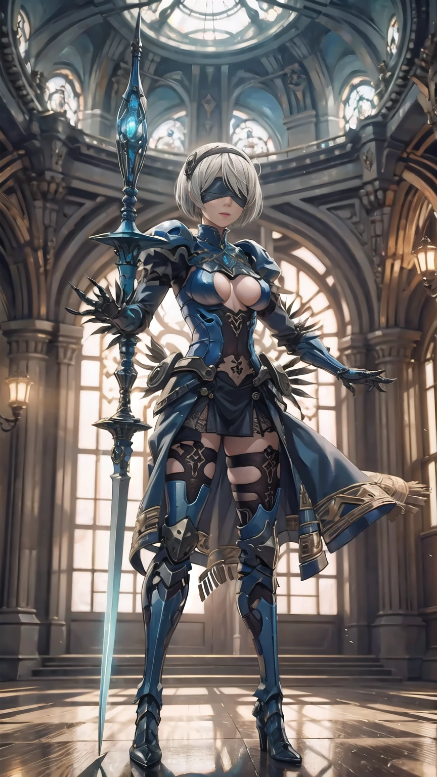 Make a 'kitbash' of Lenneth from 'Valkyrie profile' and 2B from 'Nier: Automata', combine 2B and Lenneth, solo, 1girl, BREAK: ((bright sapphire blue plate mech4rmor)), (boob window), thigh cutout, (thigh tattoos), long skirt, (blindfold:1.27), wings, BREAK: standing contrapposto, (holding glowing sword), light smile, BREAK: plains, castle, BREAK: (better hands, best hands,) (insanely detailed, masterpiece, best quality), strong negative, tatoogirl 