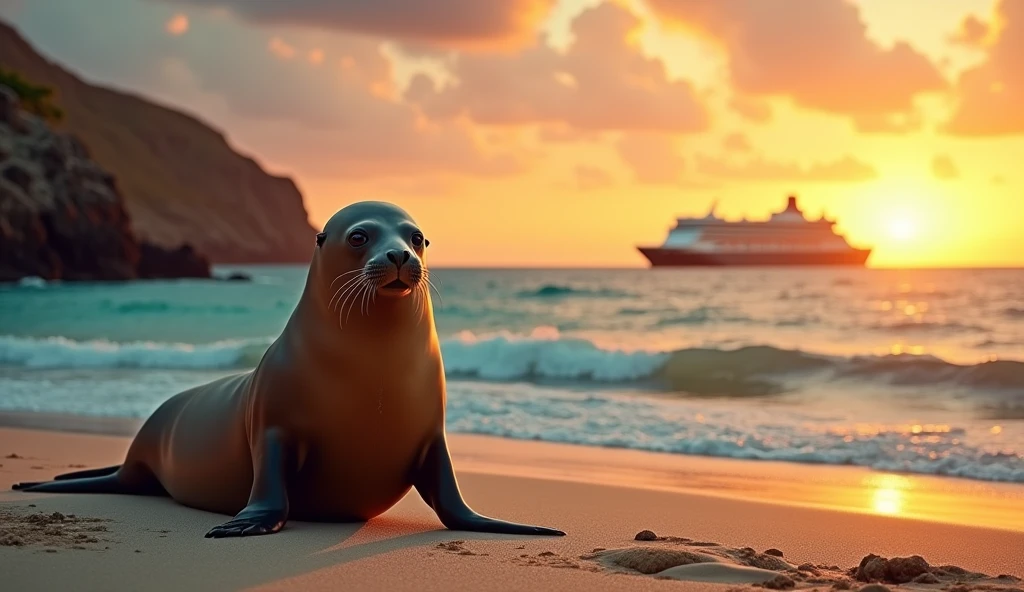 a sea lion on a beach in the galapagos islands, a cruise ship in the background on the ocean, beautiful sunset, photorealistic, 8k, highly detailed, dramatic lighting, vibrant colors, stunning scenery, serene atmosphere, golden hour, beautiful ocean waves, sandy beach, rugged coastline, majestic sea lion, curious expression, cruise ship sailing, breathtaking sunset, warm tones, realistic textures, cinematic composition, kodak film, leica m11, leica summicrom lens, 18mm
