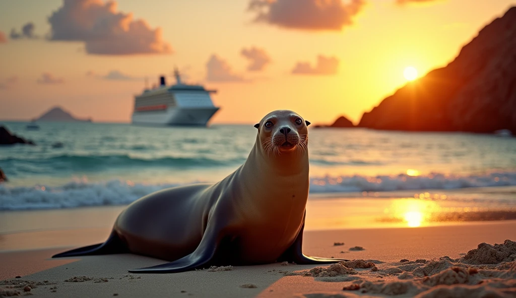 a sea lion on a beach in the galapagos islands, a cruise ship in the background on the ocean, beautiful sunset, photorealistic, 8k, highly detailed, dramatic lighting, vibrant colors, stunning scenery, serene atmosphere, golden hour, beautiful ocean waves, sandy beach, rugged coastline, majestic sea lion, curious expression, cruise ship sailing, breathtaking sunset, warm tones, realistic textures, cinematic composition, kodak film, leica m11, leica summicrom lens, 18mm