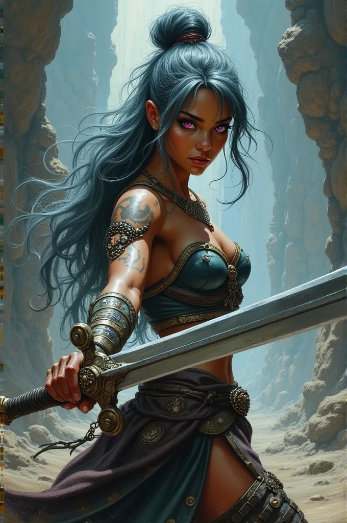 create me a image of a 1970s dark fantasy art style of a female with dark brown skin and gray blue hair pulled up into a half-do with a bun decorated with a metal accessory,she has pink eyes and tribal, tattoos on her left arm and chin. Armor adorners her body as well as a long intricate sword with very far perspective I’m a action battle pose