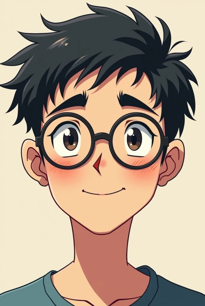 I want a man with thick eyebrows and full mouth with round glasses in anime style and Black Brown eyes and a Very short hair and a smile
