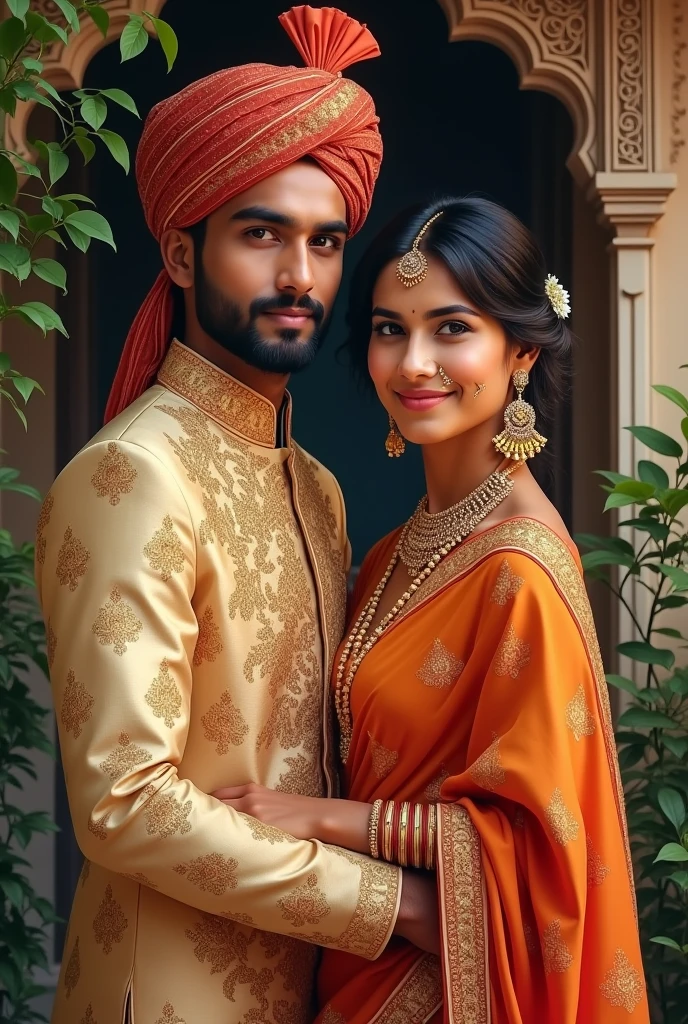 Indian young husband and wife with traditional dress 