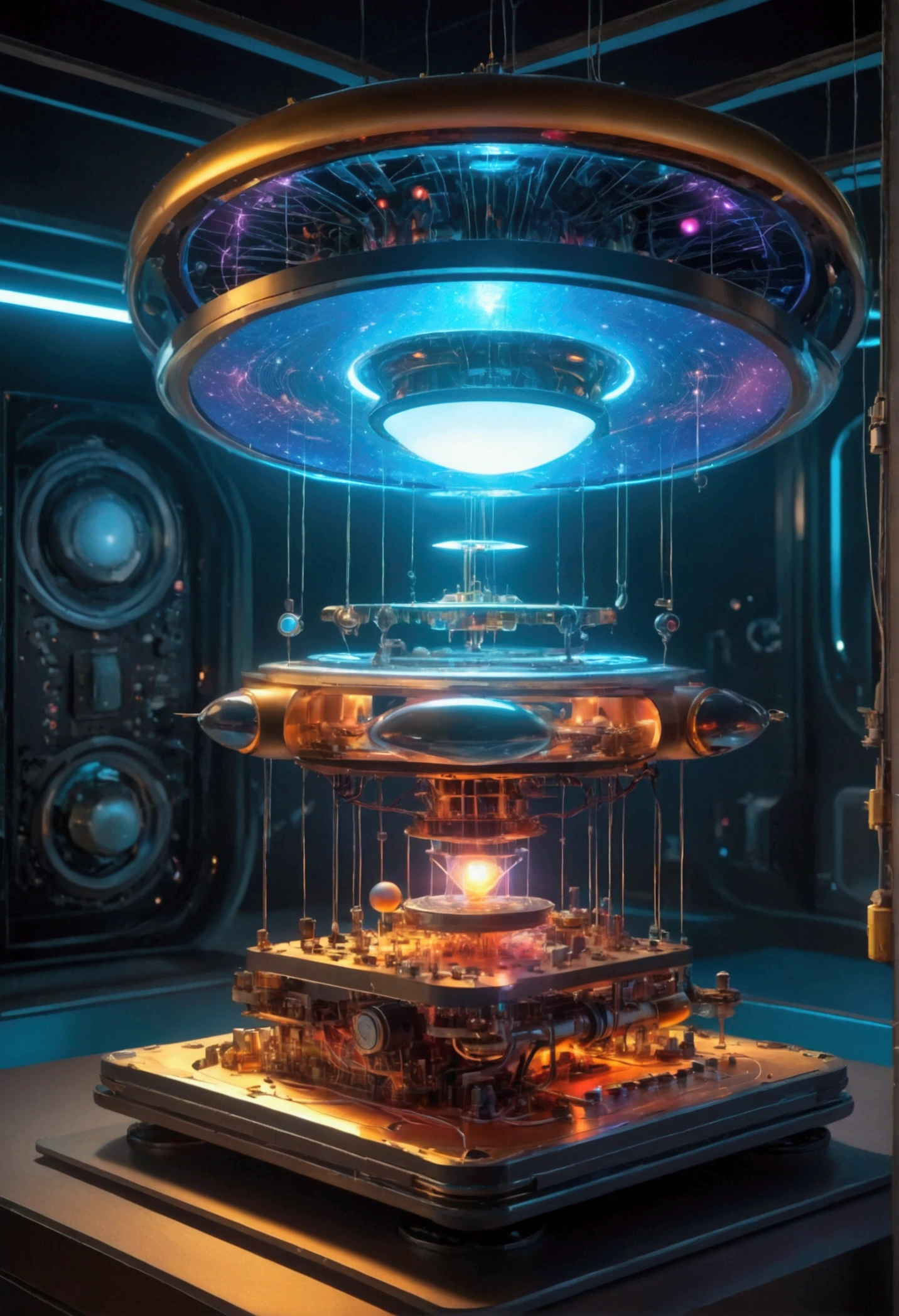 Very detailed, Surrealism, magnetic levitation, future technology, Advanced Machinery, Floating Objects, Electromagnetic fields, Complex circuit, Complex mechanisms, Light, Glow Effect, Vibrant colors, Dramatic Lighting, Film composition, masterpiece