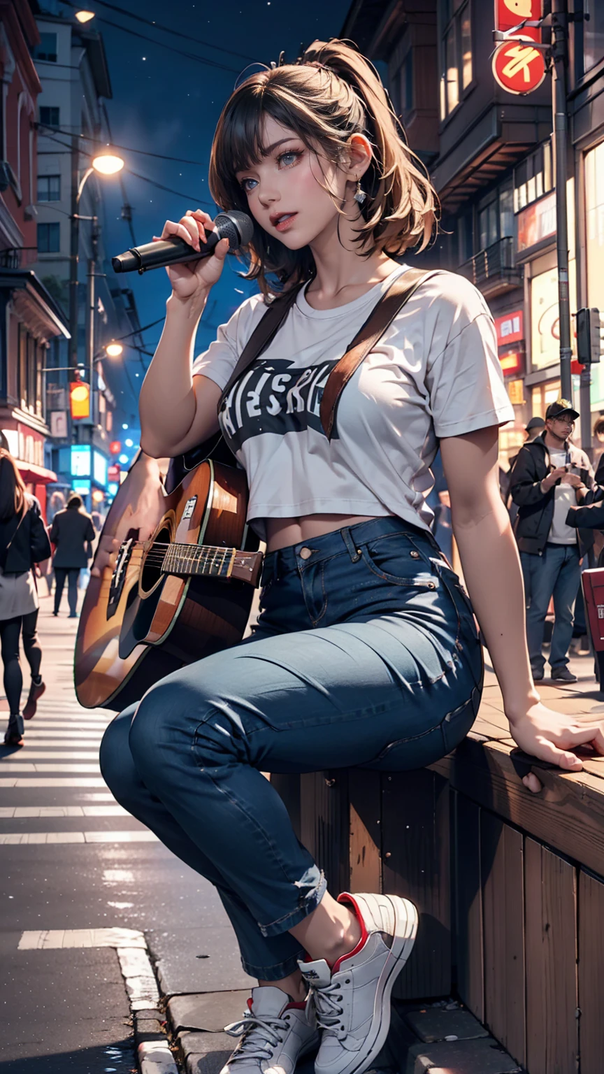 2 female。T-Shirts、jeans、sneakers、Silver Hair、semi-long、Downtown at night、Street Performance、sit on the guardrail、Singing while playing guitar(No microphone)、People around are excited、Sexy proportions、Narrow waist