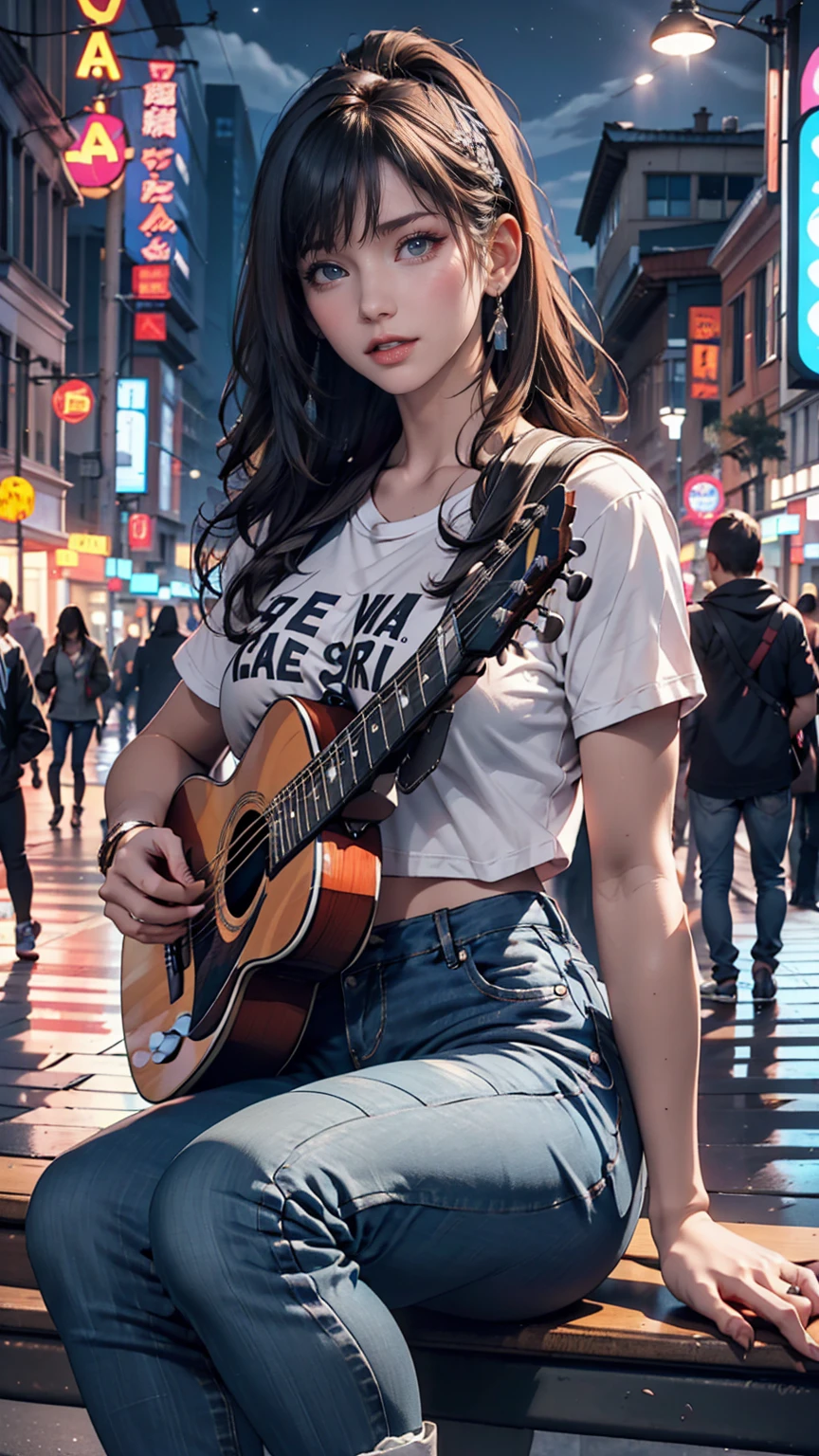 2 female。T-Shirts、jeans、sneakers、Silver Hair、semi-long、Downtown at night、Street Performance、sit on the guardrail、Singing while playing guitar(No microphone)、People around are excited、Sexy proportions、Narrow waist