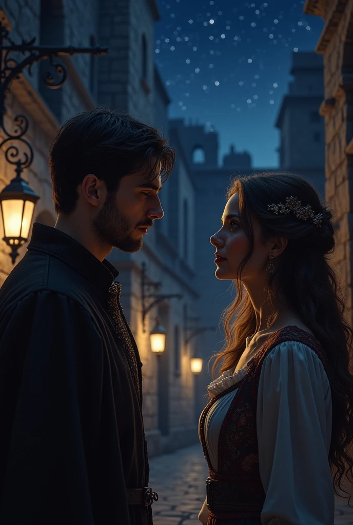 man looks at Isabella with a deep expression. medieval times at night