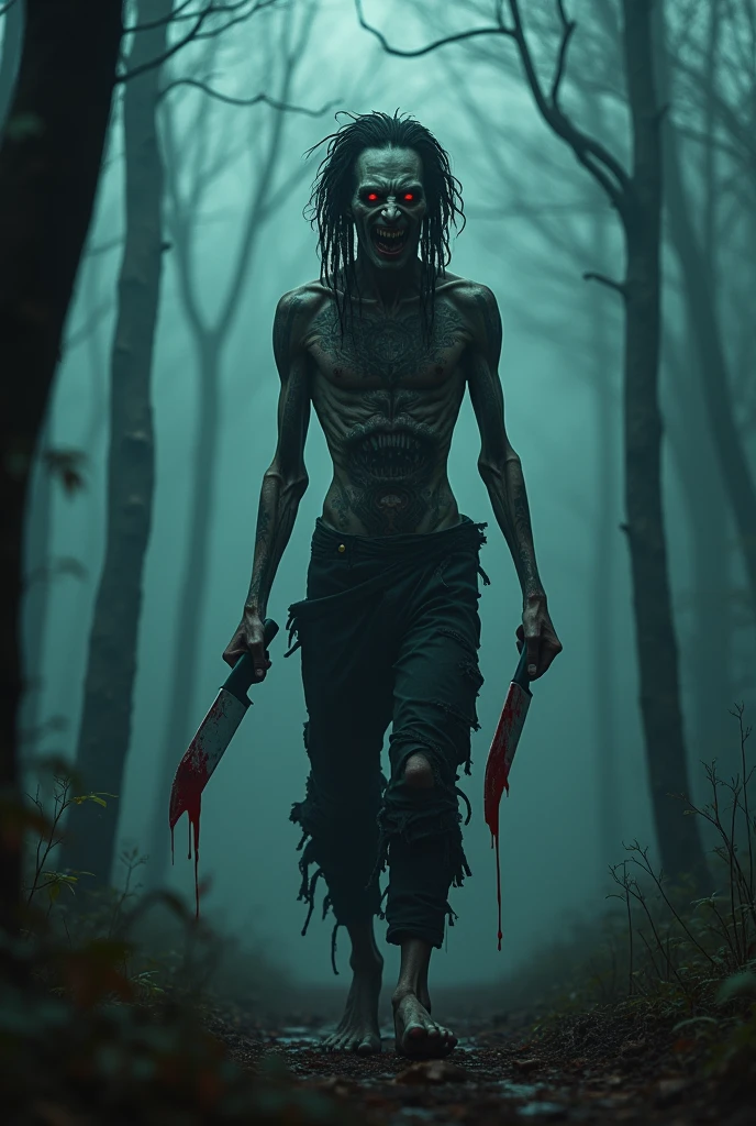 (raw photo, best quality) , (Realistic, photo-realistic: 1.4), extremely formidable overall plan, masterpiece, ultra-detailed, high resolution, best illustration, best shadow, complex, depth of field, grand plan, horror, 1 man alone, scary, he is very skinny (lean), he has a pale chin, he is dreadlocks, his eyes are red and crazy (mad look) (angry air) (very bright red) (bright red eyes), he has sharp teeth, his face is scary, Skinny and hollowed out, body and face are covered with tattoos (satanic tattoos) (satanic tattoos) (face tattoos), he has several scars (wounds) on his body, he wears ripped pants up to the knees and repeted (very torn) ((torn to the knees)), He holds two bloody (blood) knives firmly (blood runs) in both hands, he has a scary gait, he is in a forest, gloomy atmosphere, night, Night, volumetric fog, 8k style photorealist, DSLR, high quality, (film grain: 1.4), Fujifilm XT3,