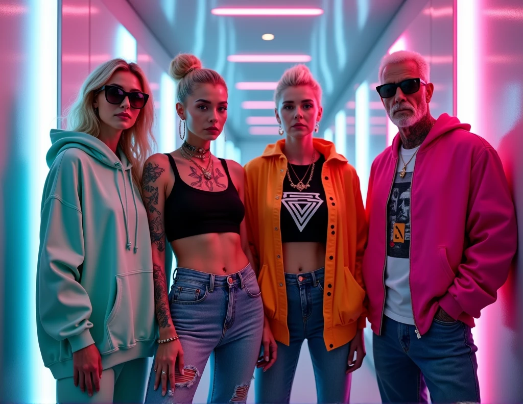 A photorealistic image of a group of four stylish elderly individuals, aged 50-70, standing confidently in a sleek, futuristic hallway illuminated by vibrant neon lighting, reminiscent of a high-concept TV show. The group consists of two men and two women, each showcasing their unique style with detailed outfits, tattoos, and piercings. One woman is wearing a mint green oversized hoodie paired with tailored joggers and designer sneakers, her look enhanced with visible sleeve tattoos, large hoop earrings, and a nose piercing. The second woman sports a black crop top with intricate geometric designs, high-waisted ripped jeans, and sleek sneakers, her arms adorned with tattoos and her face framed by bold, statement earrings. One man is dressed in a bright orange hoodie, distressed jeans, and high-top sneakers, his style accentuated by a full sleeve tattoo and a piercing on his eyebrow. The other man is styled in a hot pink bomber jacket over a graphic t-shirt, dark slim-fit jeans, and fashionable sneakers, with tattoos peeking out from under his sleeves and a septum piercing adding an edgy touch. The hallway is bathed in intense pink and blue neon lights that reflect off the glossy walls, creating a dramatic, cinematic backdrop. The scene is captured with a high-resolution camera, using a wide-angle lens for a full-body shot. The lighting is expertly balanced to highlight the vivid colors, intricate tattoo designs, and detailed accessories, while the background enhances the atmosphere, giving the image a bold, TV show-inspired feel, as if this stylish group is about to embark on a new, exciting chapter in life.
