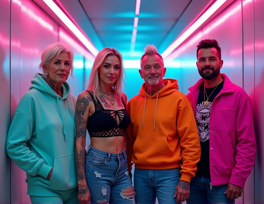 A photorealistic image of a group of four stylish elderly individuals, aged 50-70, standing confidently in a sleek, futuristic hallway illuminated by vibrant neon lighting, reminiscent of a high-concept TV show. The group consists of two men and two women, each showcasing their unique style with detailed outfits, tattoos, and piercings. One woman is wearing a mint green oversized hoodie paired with tailored joggers and designer sneakers, her look enhanced with visible sleeve tattoos, large hoop earrings, and a nose piercing. The second woman sports a black crop top with intricate geometric designs, high-waisted ripped jeans, and sleek sneakers, her arms adorned with tattoos and her face framed by bold, statement earrings. One man is dressed in a bright orange hoodie, distressed jeans, and high-top sneakers, his style accentuated by a full sleeve tattoo and a piercing on his eyebrow. The other man is styled in a hot pink bomber jacket over a graphic t-shirt, dark slim-fit jeans, and fashionable sneakers, with tattoos peeking out from under his sleeves and a septum piercing adding an edgy touch. The hallway is bathed in intense pink and blue neon lights that reflect off the glossy walls, creating a dramatic, cinematic backdrop. The scene is captured with a high-resolution camera, using a wide-angle lens for a full-body shot. The lighting is expertly balanced to highlight the vivid colors, intricate tattoo designs, and detailed accessories, while the background enhances the atmosphere, giving the image a bold, TV show-inspired feel, as if this stylish group is about to embark on a new, exciting chapter in life.