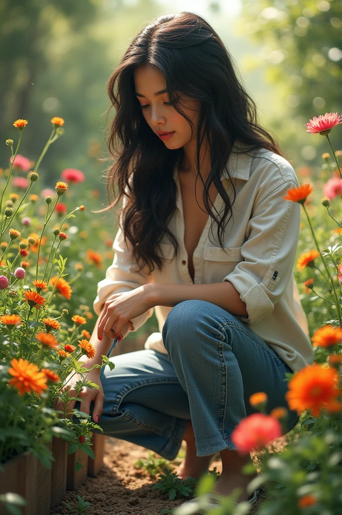 a beautiful woman with very long wavy black hair, wearing jeans and long sleeves shirt and her gardening tools walking on her garden surrounded by flowers.