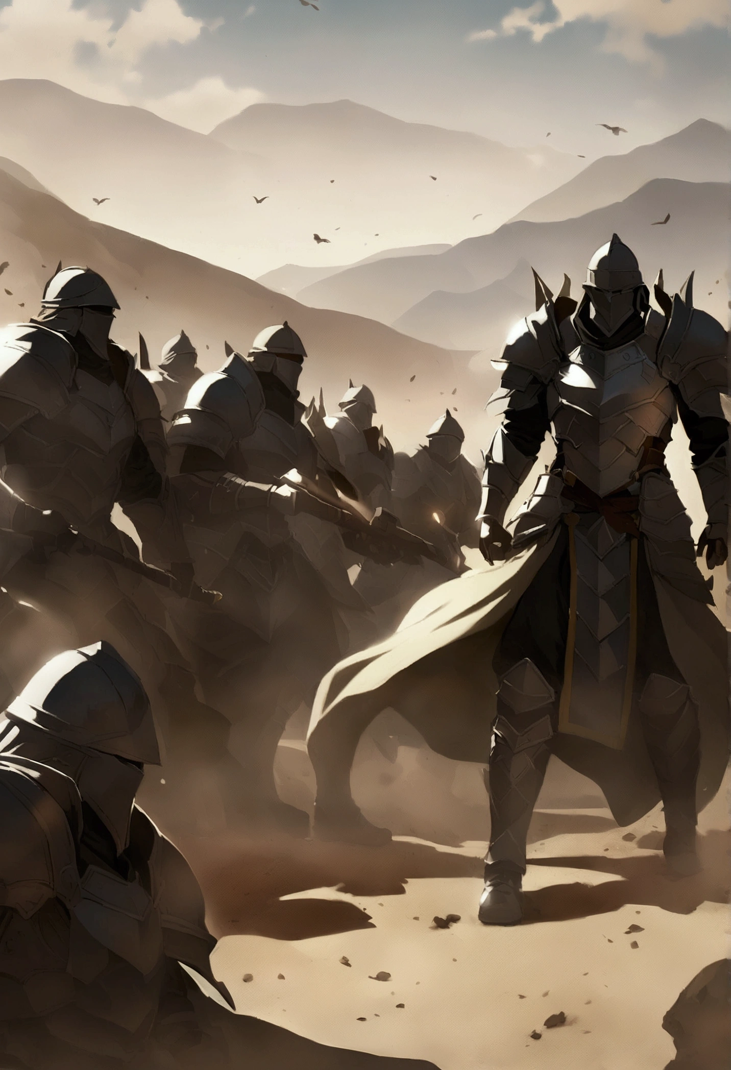 A close-up of a medieval war scene，The fighting was fierce，spectacular，The medieval crusaders fought a lot of terrifying battles(Minotaur team：1.3)，Overwhelming enemies，On the plain，eventide，Medieval landscape，Fantastical，4K，best qualtiy，primitive，（(Ultra-detailed and high-precision details))，Photo texture，真实感，Delicate and smooth，Light