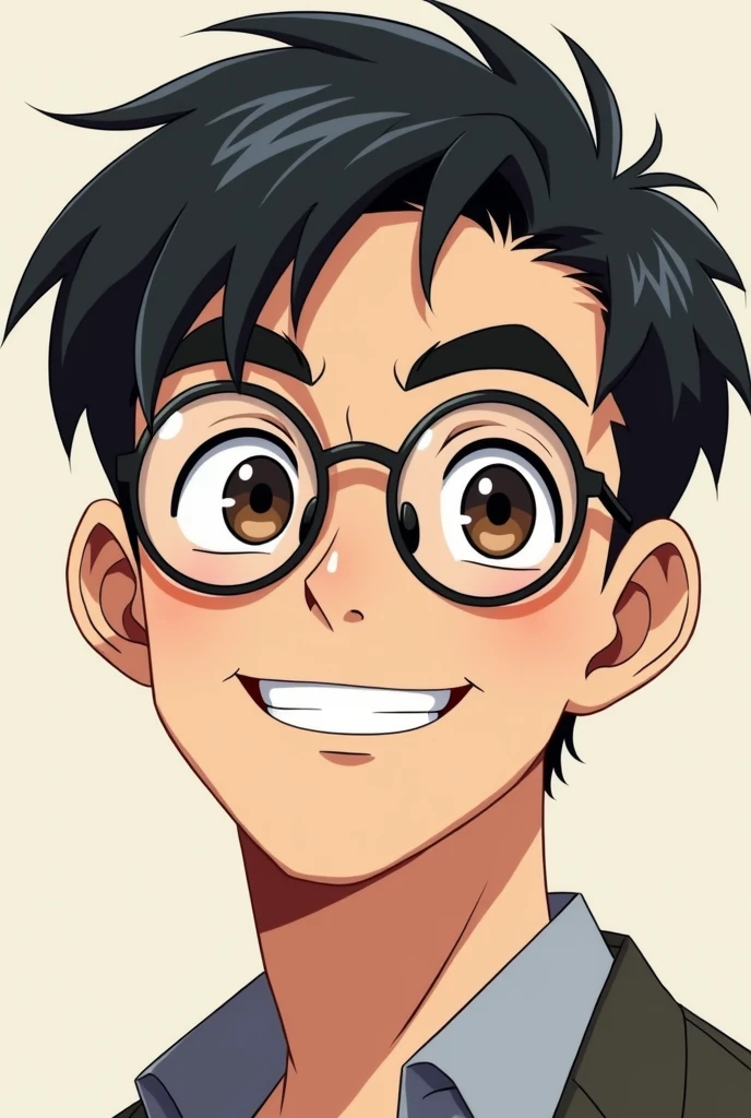 I want a man with thick eyebrows and full mouth with round glasses in anime style and Black Brown eyes and a Very short hair and a smile