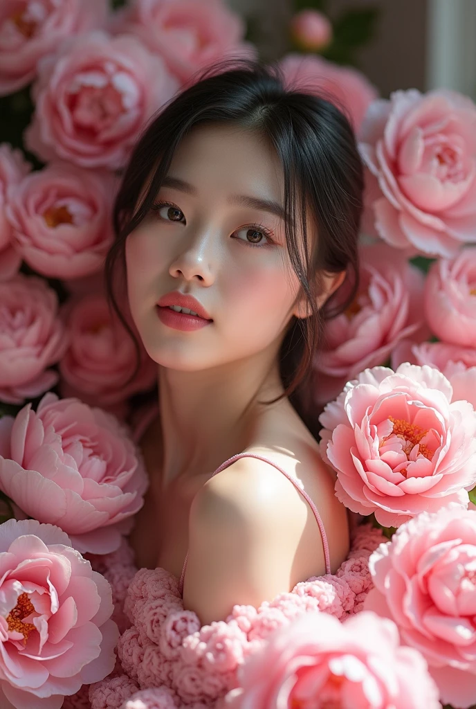 Photography,HD,Real People,1 Asian girl surrounded by peony flowers,Many pink flowers,The movements are natural and elegant,1,Slightly fat,Beautiful facial features,Exquisite makeup,Exquisite eyes,Eye details,Pink yarn,Shoulder,arm,Soft light and shadows indoors,Rich details