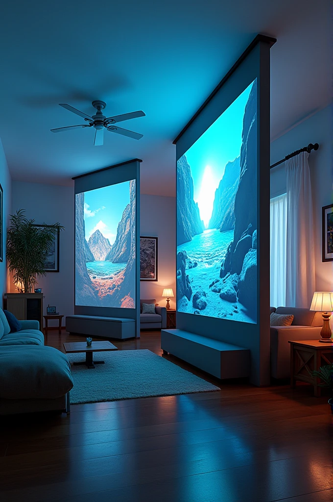 Two towers in the living room of a house projecting an image 