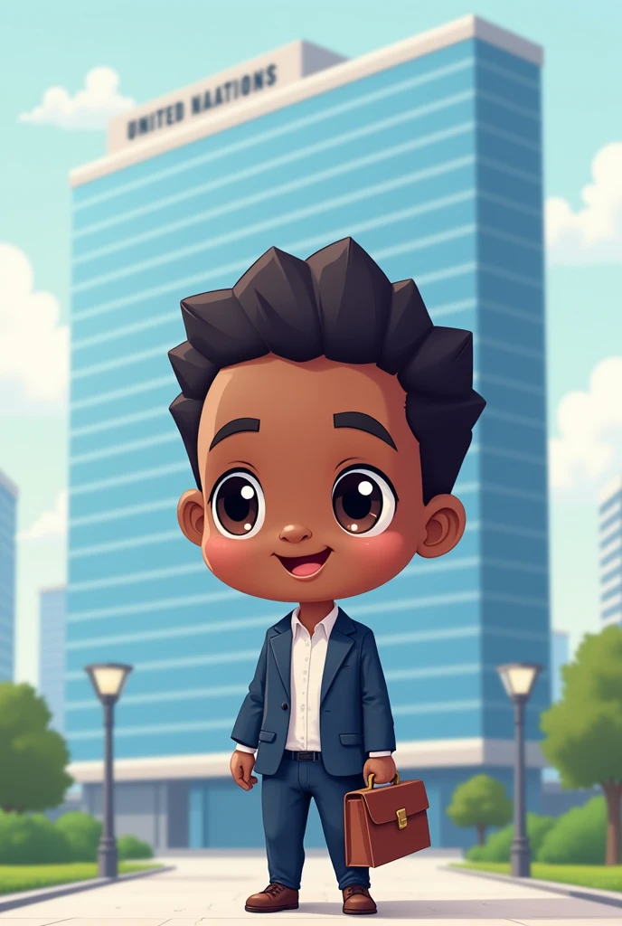 Create a kawaii image of an African lawyer with briefcase and little hair in front of the headquarters of the United Nations Organization