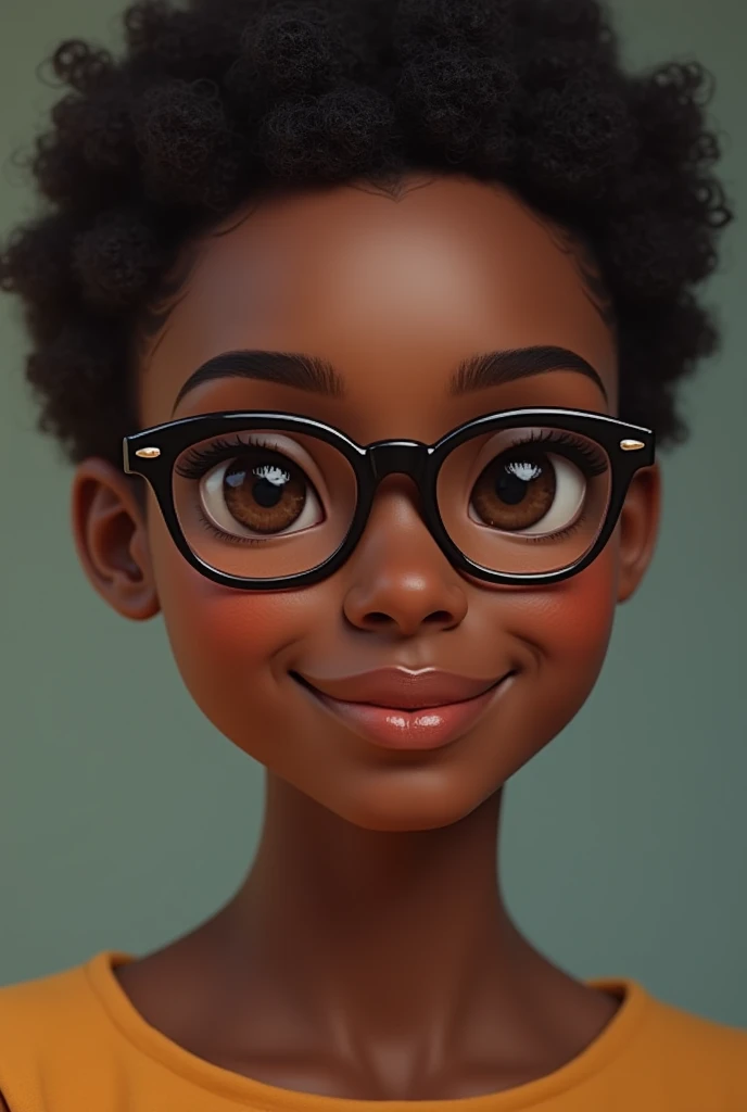 Create an image of an African girl who is 23 years of age she has thick 20mm hair shaven hair though not bald she has a chocolate complexion and around face with medium size lips medium size eyes then chubby cheeks and has glasses on